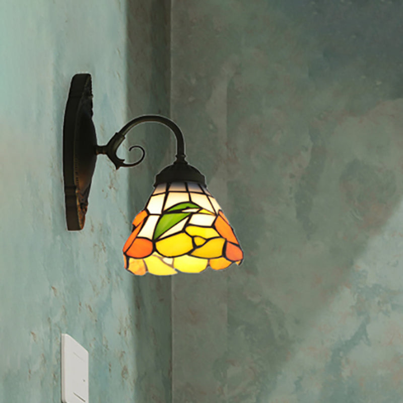 1 Head Peony Sconce Light Victorian Black Stained Glass Wall Mount Light with Curved/Straight Arm Black Straight Clearhalo 'Industrial' 'Middle century wall lights' 'Tiffany wall lights' 'Tiffany' 'Wall Lamps & Sconces' 'Wall Lights' Lighting' 253310