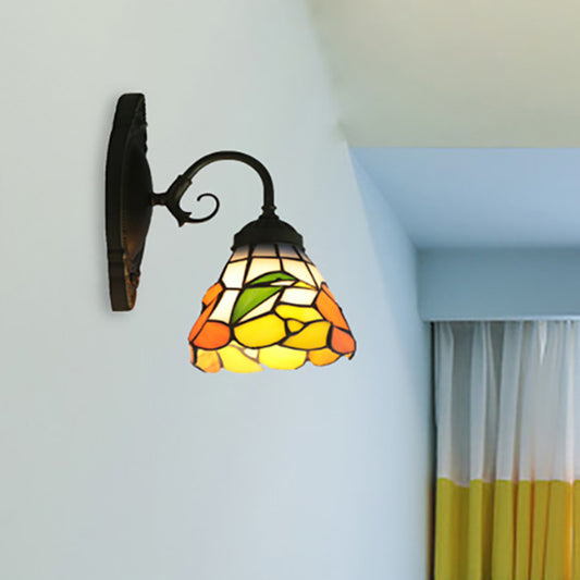 1 Head Peony Sconce Light Victorian Black Stained Glass Wall Mount Light with Curved/Straight Arm Clearhalo 'Industrial' 'Middle century wall lights' 'Tiffany wall lights' 'Tiffany' 'Wall Lamps & Sconces' 'Wall Lights' Lighting' 253311