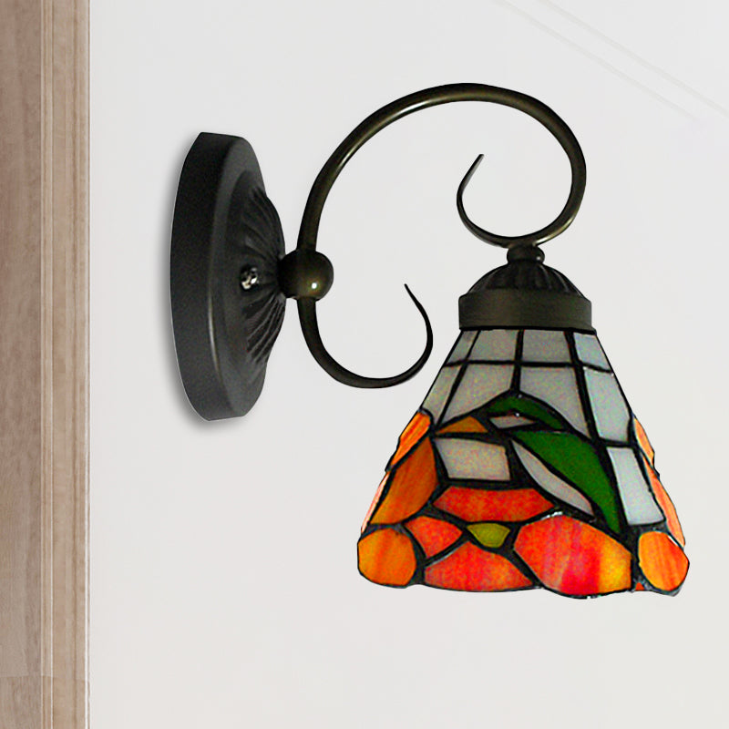 1 Head Peony Sconce Light Victorian Black Stained Glass Wall Mount Light with Curved/Straight Arm Black Curved Clearhalo 'Industrial' 'Middle century wall lights' 'Tiffany wall lights' 'Tiffany' 'Wall Lamps & Sconces' 'Wall Lights' Lighting' 253312