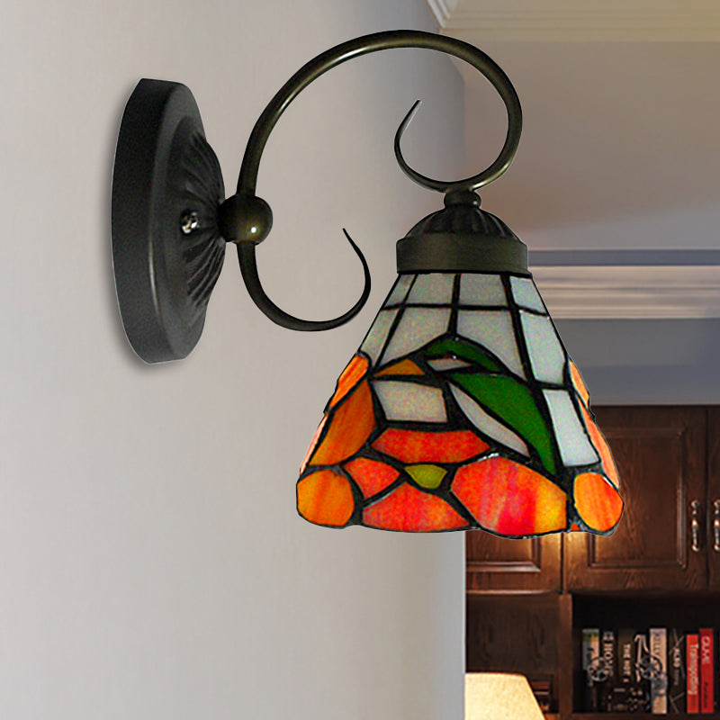 1 Head Peony Sconce Light Victorian Black Stained Glass Wall Mount Light with Curved/Straight Arm Clearhalo 'Industrial' 'Middle century wall lights' 'Tiffany wall lights' 'Tiffany' 'Wall Lamps & Sconces' 'Wall Lights' Lighting' 253313