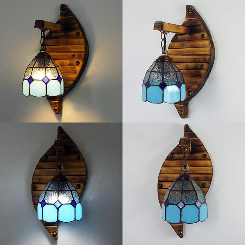 Blue Dome-Shaped Wall Mount Fixture Tiffany Style Stained Glass 1 Light 6"/5.5" W Wall Sconce with Chain Clearhalo 'Industrial' 'Middle century wall lights' 'Tiffany wall lights' 'Tiffany' 'Wall Lamps & Sconces' 'Wall Lights' Lighting' 25332