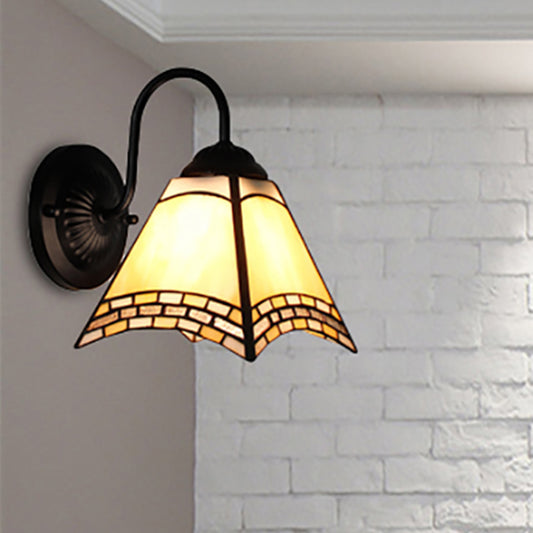 Pyramid Wall Light Fixture Tiffany Blue/Yellow Glass 1 Head Black Sconce Light for Living Room Yellow Clearhalo 'Industrial' 'Middle century wall lights' 'Tiffany wall lights' 'Tiffany' 'Wall Lamps & Sconces' 'Wall Lights' Lighting' 253328
