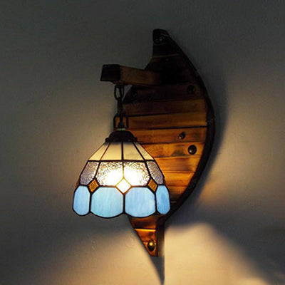 Blue Dome-Shaped Wall Mount Fixture Tiffany Style Stained Glass 1 Light 6"/5.5" W Wall Sconce with Chain Blue 6" Clearhalo 'Industrial' 'Middle century wall lights' 'Tiffany wall lights' 'Tiffany' 'Wall Lamps & Sconces' 'Wall Lights' Lighting' 25333