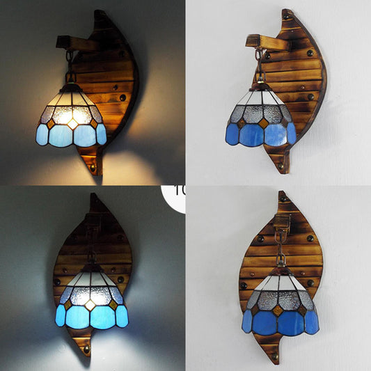 Blue Dome-Shaped Wall Mount Fixture Tiffany Style Stained Glass 1 Light 6"/5.5" W Wall Sconce with Chain Clearhalo 'Industrial' 'Middle century wall lights' 'Tiffany wall lights' 'Tiffany' 'Wall Lamps & Sconces' 'Wall Lights' Lighting' 25334