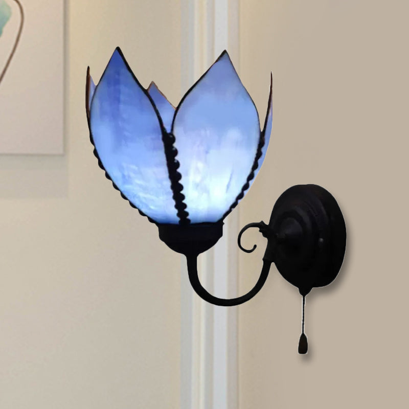 One Light Petal Wall Lighting with Curved Arm and Pull Chain Stained Glass Rustic Wall Lamp Blue Clearhalo 'Industrial' 'Middle century wall lights' 'Tiffany wall lights' 'Tiffany' 'Wall Lamps & Sconces' 'Wall Lights' Lighting' 253365