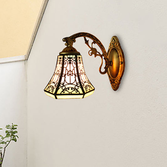 Stained Glass Bell Wall Sconce with Aged Brass Curved Arm 1 Light Lodge Wall Mount Light Black No Switch Clearhalo 'Industrial' 'Middle century wall lights' 'Tiffany wall lights' 'Tiffany' 'Wall Lamps & Sconces' 'Wall Lights' Lighting' 253392