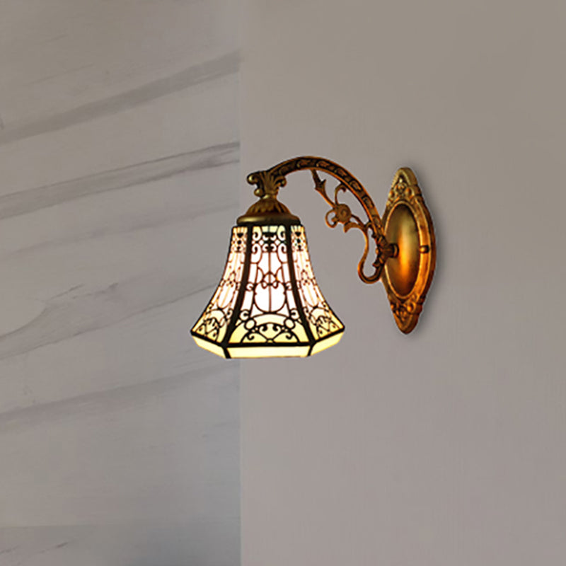 Stained Glass Bell Wall Sconce with Aged Brass Curved Arm 1 Light Lodge Wall Mount Light Clearhalo 'Industrial' 'Middle century wall lights' 'Tiffany wall lights' 'Tiffany' 'Wall Lamps & Sconces' 'Wall Lights' Lighting' 253393