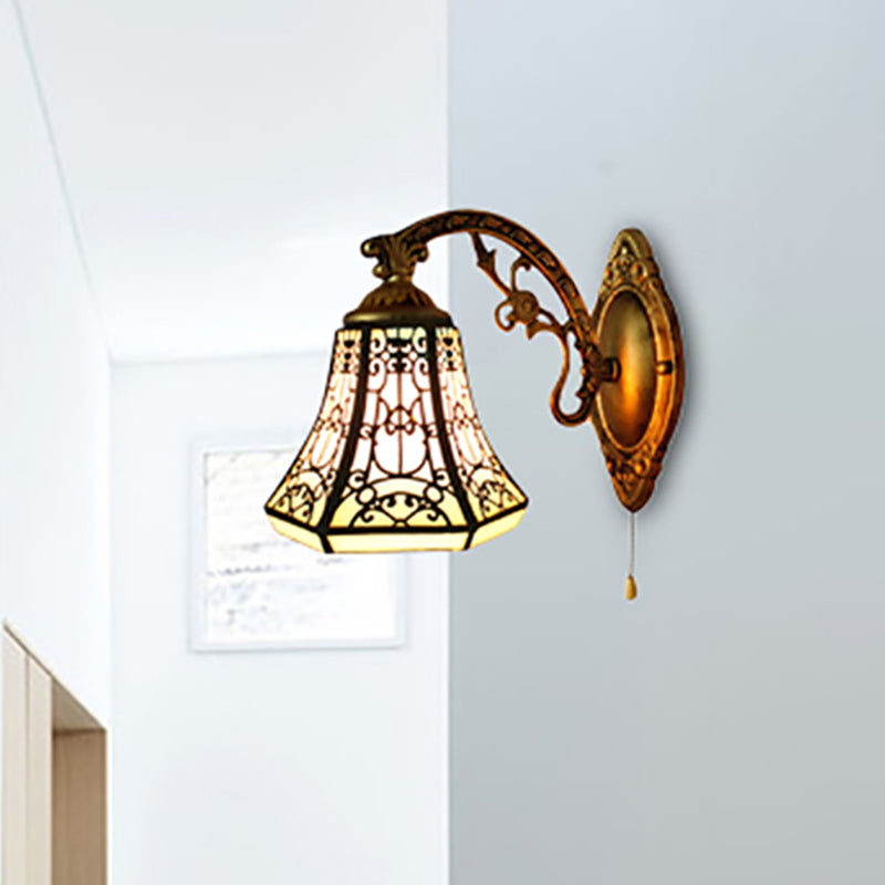 Stained Glass Bell Wall Sconce with Aged Brass Curved Arm 1 Light Lodge Wall Mount Light Black With Switch Clearhalo 'Industrial' 'Middle century wall lights' 'Tiffany wall lights' 'Tiffany' 'Wall Lamps & Sconces' 'Wall Lights' Lighting' 253394