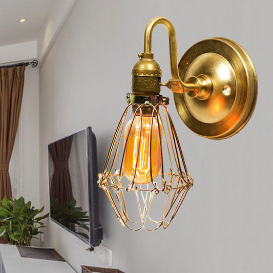Polished Brass Wire Guard Wall Sconce Vintage Stylish 1 Light Corridor Sconce Light with Gooseneck Arm Clearhalo 'Art deco wall lights' 'Cast Iron' 'Glass' 'Industrial wall lights' 'Industrial' 'Middle century wall lights' 'Modern' 'Rustic wall lights' 'Tiffany' 'Traditional wall lights' 'Wall Lamps & Sconces' 'Wall Lights' Lighting' 253396