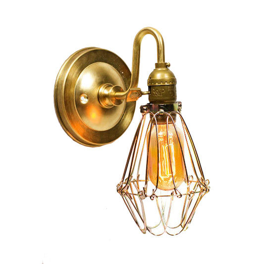 Polished Brass Wire Guard Wall Sconce Vintage Stylish 1 Light Corridor Sconce Light with Gooseneck Arm - Clearhalo - 'Art deco wall lights' - 'Cast Iron' - 'Glass' - 'Industrial wall lights' - 'Industrial' - 'Middle century wall lights' - 'Modern' - 'Rustic wall lights' - 'Tiffany' - 'Traditional wall lights' - 'Wall Lamps & Sconces' - 'Wall Lights' - Lighting' - 253397