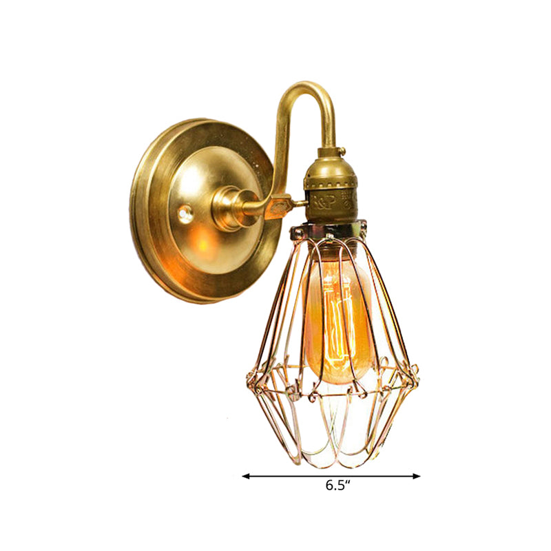 Polished Brass Wire Guard Wall Sconce Vintage Stylish 1 Light Corridor Sconce Light with Gooseneck Arm Clearhalo 'Art deco wall lights' 'Cast Iron' 'Glass' 'Industrial wall lights' 'Industrial' 'Middle century wall lights' 'Modern' 'Rustic wall lights' 'Tiffany' 'Traditional wall lights' 'Wall Lamps & Sconces' 'Wall Lights' Lighting' 253398