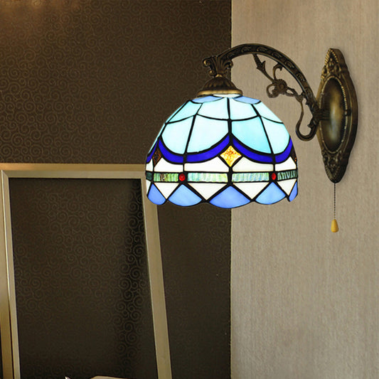 1 Light Dome Wall Lamp with Pull Chain Baroque Style Stained Glass Wall Sconce Light in Sky Blue/Navy Blue Sky Blue Clearhalo 'Industrial' 'Middle century wall lights' 'Tiffany wall lights' 'Tiffany' 'Wall Lamps & Sconces' 'Wall Lights' Lighting' 253399