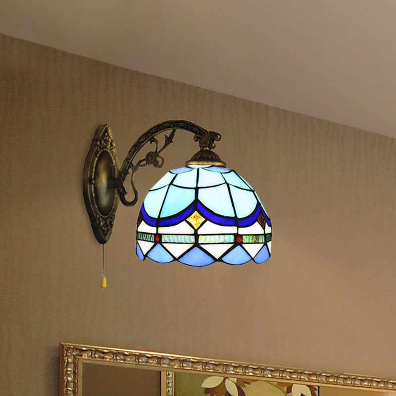 1 Light Dome Wall Lamp with Pull Chain Baroque Style Stained Glass Wall Sconce Light in Sky Blue/Navy Blue Clearhalo 'Industrial' 'Middle century wall lights' 'Tiffany wall lights' 'Tiffany' 'Wall Lamps & Sconces' 'Wall Lights' Lighting' 253400