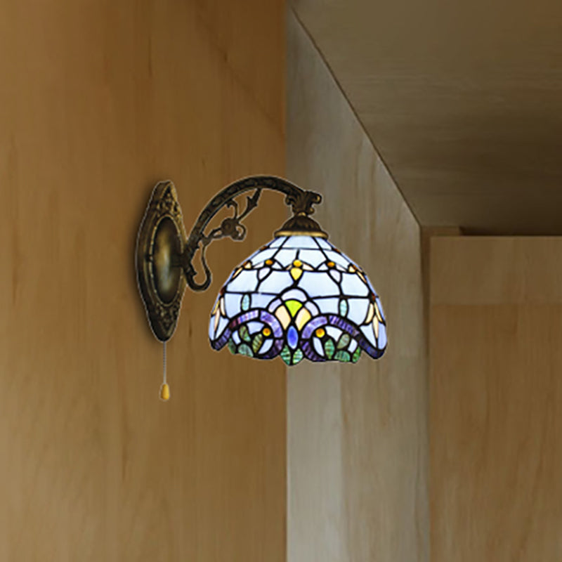 1 Light Dome Wall Lamp with Pull Chain Baroque Style Stained Glass Wall Sconce Light in Sky Blue/Navy Blue Dark Blue Clearhalo 'Industrial' 'Middle century wall lights' 'Tiffany wall lights' 'Tiffany' 'Wall Lamps & Sconces' 'Wall Lights' Lighting' 253401