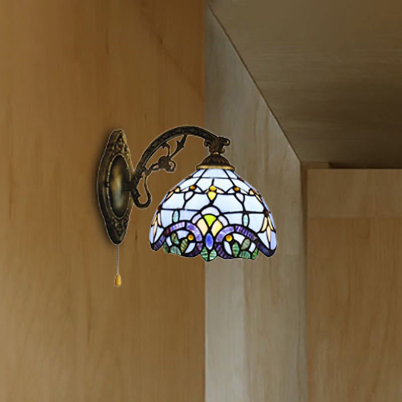 1 Light Dome Wall Lamp with Pull Chain Baroque Style Stained Glass Wall Sconce Light in Sky Blue/Navy Blue Dark Blue Clearhalo 'Industrial' 'Middle century wall lights' 'Tiffany wall lights' 'Tiffany' 'Wall Lamps & Sconces' 'Wall Lights' Lighting' 253401