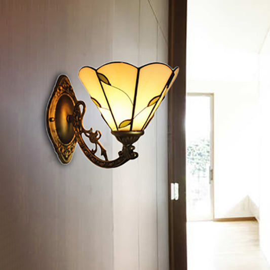 Beige Conical Wall Lighting with Leaf Design Vintage Rustic Single Light Wall Sconce Beige No Switch Clearhalo 'Industrial' 'Middle century wall lights' 'Tiffany wall lights' 'Tiffany' 'Wall Lamps & Sconces' 'Wall Lights' Lighting' 253406