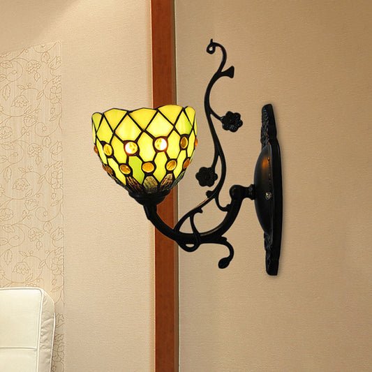Bowl Wall Mount Light with Bead Decoration 1 Light Stained Glass Mini Wall Lighting Yellow Clearhalo 'Industrial' 'Middle century wall lights' 'Tiffany wall lights' 'Tiffany' 'Wall Lamps & Sconces' 'Wall Lights' Lighting' 253446