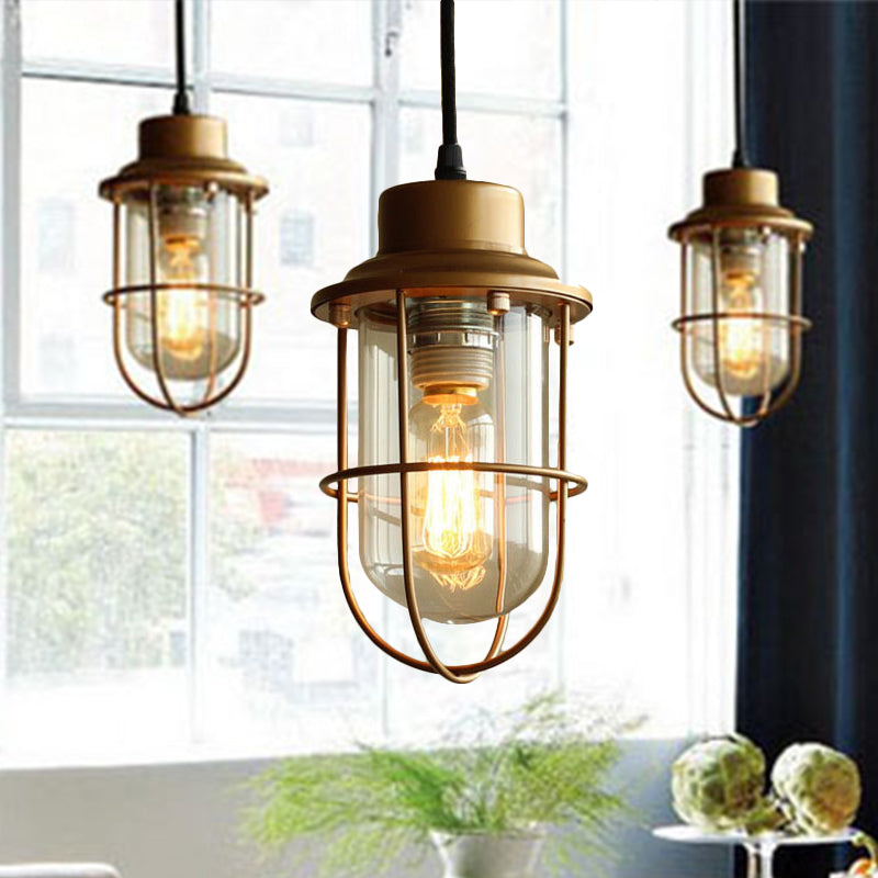 Brass Caged Pendant Light Vintage Retro Style Clear Glass 1 Bulb Hanging Ceiling Light Brass Clearhalo 'Ceiling Lights' 'Close To Ceiling Lights' 'Glass shade' 'Glass' 'Industrial Pendants' 'Industrial' 'Middle Century Pendants' 'Pendant Lights' 'Pendants' 'Tiffany' Lighting' 253488