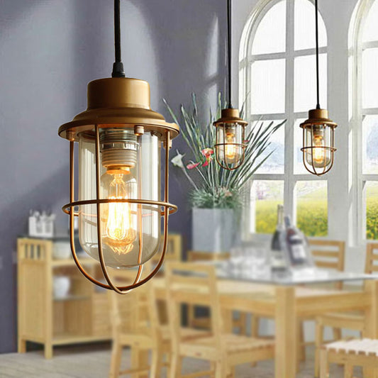 Brass Caged Pendant Light Vintage Retro Style Clear Glass 1 Bulb Hanging Ceiling Light Clearhalo 'Ceiling Lights' 'Close To Ceiling Lights' 'Glass shade' 'Glass' 'Industrial Pendants' 'Industrial' 'Middle Century Pendants' 'Pendant Lights' 'Pendants' 'Tiffany' Lighting' 253489