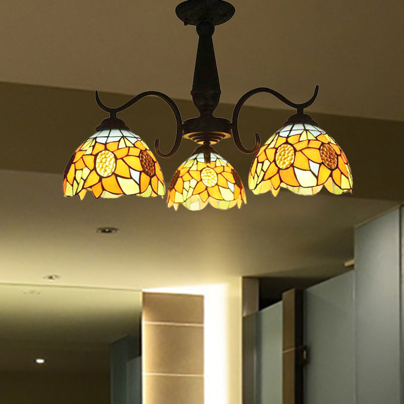 3/6 Lights Bowl Living Room Chandelier Stained Glass Tiffany Rustic Pendant Light with Orange Sunflower Clearhalo 'Ceiling Lights' 'Close To Ceiling Lights' 'Close to ceiling' 'Glass shade' 'Glass' 'Semi-flushmount' 'Tiffany close to ceiling' 'Tiffany' Lighting' 253506