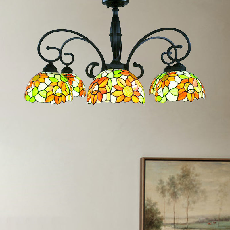 3/6 Lights Bowl Living Room Chandelier Stained Glass Tiffany Rustic Pendant Light with Orange Sunflower 6 Orange Clearhalo 'Ceiling Lights' 'Close To Ceiling Lights' 'Close to ceiling' 'Glass shade' 'Glass' 'Semi-flushmount' 'Tiffany close to ceiling' 'Tiffany' Lighting' 253507
