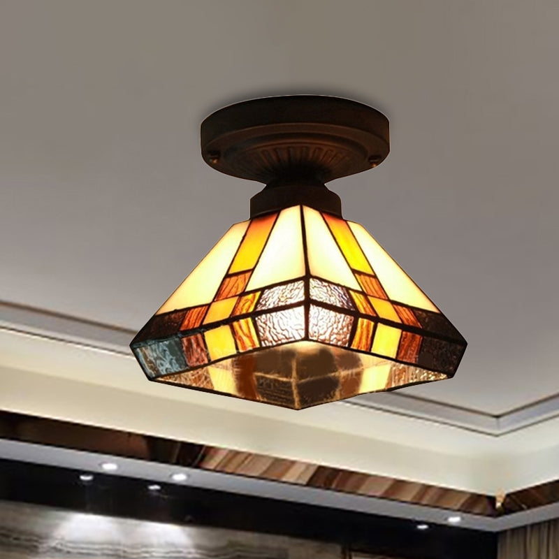 Vintage Tiffany Craftsman Flush Ceiling Light 1 Light Stained Glass Ceiling Lamp in Black/Antique Brass for Corridor Black Clearhalo 'Ceiling Lights' 'Close To Ceiling Lights' 'Close to ceiling' 'Glass shade' 'Glass' 'Semi-flushmount' 'Tiffany close to ceiling' 'Tiffany' Lighting' 253512