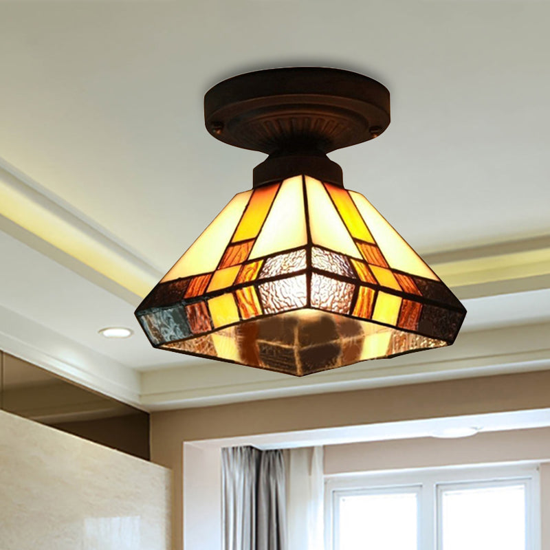 Vintage Tiffany Craftsman Flush Ceiling Light 1 Light Stained Glass Ceiling Lamp in Black/Antique Brass for Corridor Clearhalo 'Ceiling Lights' 'Close To Ceiling Lights' 'Close to ceiling' 'Glass shade' 'Glass' 'Semi-flushmount' 'Tiffany close to ceiling' 'Tiffany' Lighting' 253513