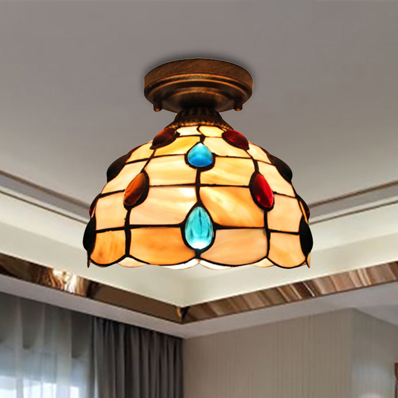 Restaurant Lattice Bowl Flush Ceiling Light with Jewelry Shell 1 Light Tiffany Class Ceiling Fixture in Beige/Yellow Clearhalo 'Ceiling Lights' 'Close To Ceiling Lights' 'Close to ceiling' 'Glass shade' 'Glass' 'Semi-flushmount' 'Tiffany close to ceiling' 'Tiffany' Lighting' 253524