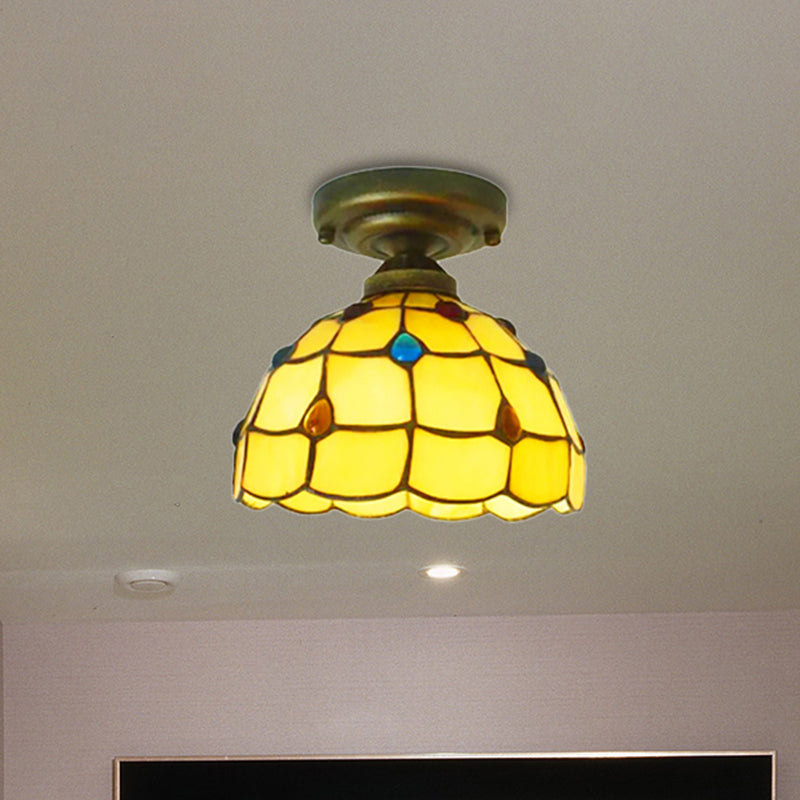 Restaurant Lattice Bowl Flush Ceiling Light with Jewelry Shell 1 Light Tiffany Class Ceiling Fixture in Beige/Yellow Yellow Clearhalo 'Ceiling Lights' 'Close To Ceiling Lights' 'Close to ceiling' 'Glass shade' 'Glass' 'Semi-flushmount' 'Tiffany close to ceiling' 'Tiffany' Lighting' 253525