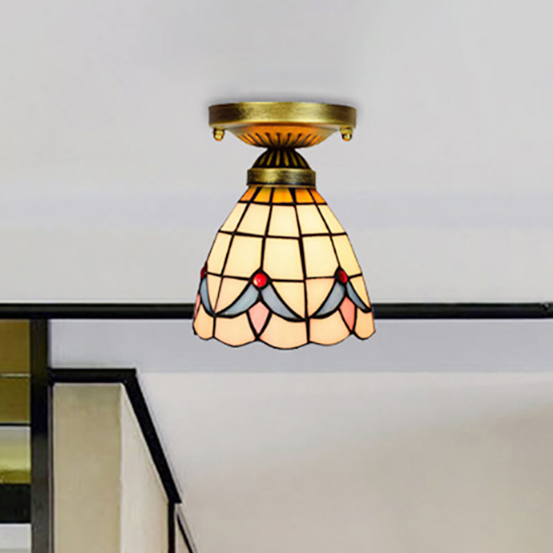 Tiffany Classic Grid Dome Ceiling Light 6"/7" Width 1 Head Art Glass Flush Mount Light in White for Hallway White 6" Clearhalo 'Ceiling Lights' 'Chandeliers' 'Close To Ceiling Lights' 'Close to ceiling' 'Glass shade' 'Glass' 'Pendant Lights' 'Semi-flushmount' 'Tiffany close to ceiling' 'Tiffany' Lighting' 253530