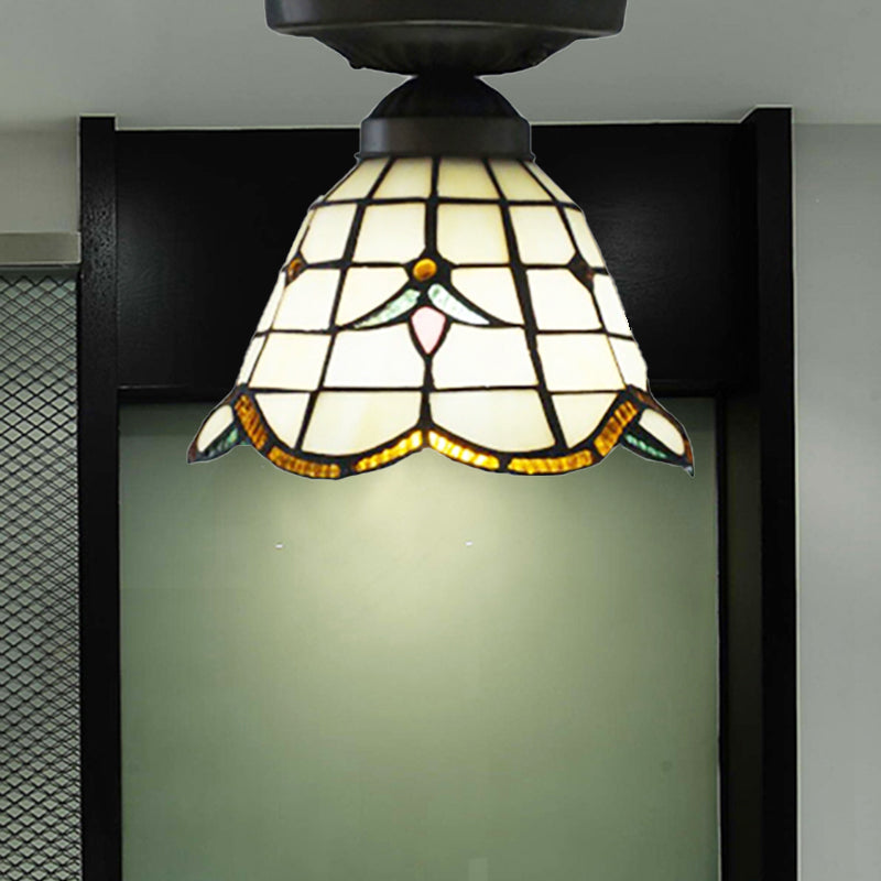 Tiffany Classic Grid Dome Ceiling Light 6"/7" Width 1 Head Art Glass Flush Mount Light in White for Hallway White 7" Clearhalo 'Ceiling Lights' 'Chandeliers' 'Close To Ceiling Lights' 'Close to ceiling' 'Glass shade' 'Glass' 'Pendant Lights' 'Semi-flushmount' 'Tiffany close to ceiling' 'Tiffany' Lighting' 253532