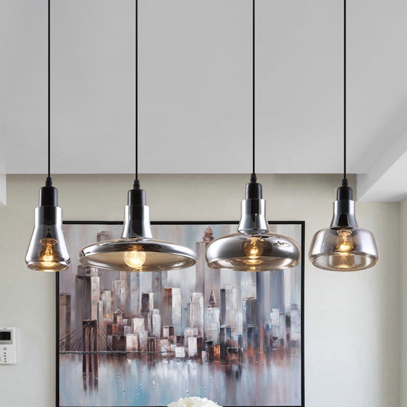 4 Lights Round/Linear Canopy Multi Pendant with Different Shade Smoked Glass Modern Dining Room Hanging Ceiling Light Clearhalo 'Ceiling Lights' 'Close To Ceiling Lights' 'Glass shade' 'Glass' 'Industrial Pendants' 'Industrial' 'Middle Century Pendants' 'Pendant Lights' 'Pendants' 'Tiffany' Lighting' 253537