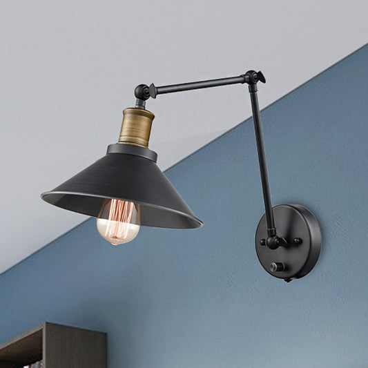 2 Packs Cone Bedroom Wall Mount Light Vintage Metal 1 Bulb Black Wall Lighting with Adjustable Arm Clearhalo 'Cast Iron' 'Glass' 'Industrial' 'Modern wall lights' 'Modern' 'Tiffany' 'Traditional wall lights' 'Wall Lamps & Sconces' 'Wall Lights' Lighting' 253539