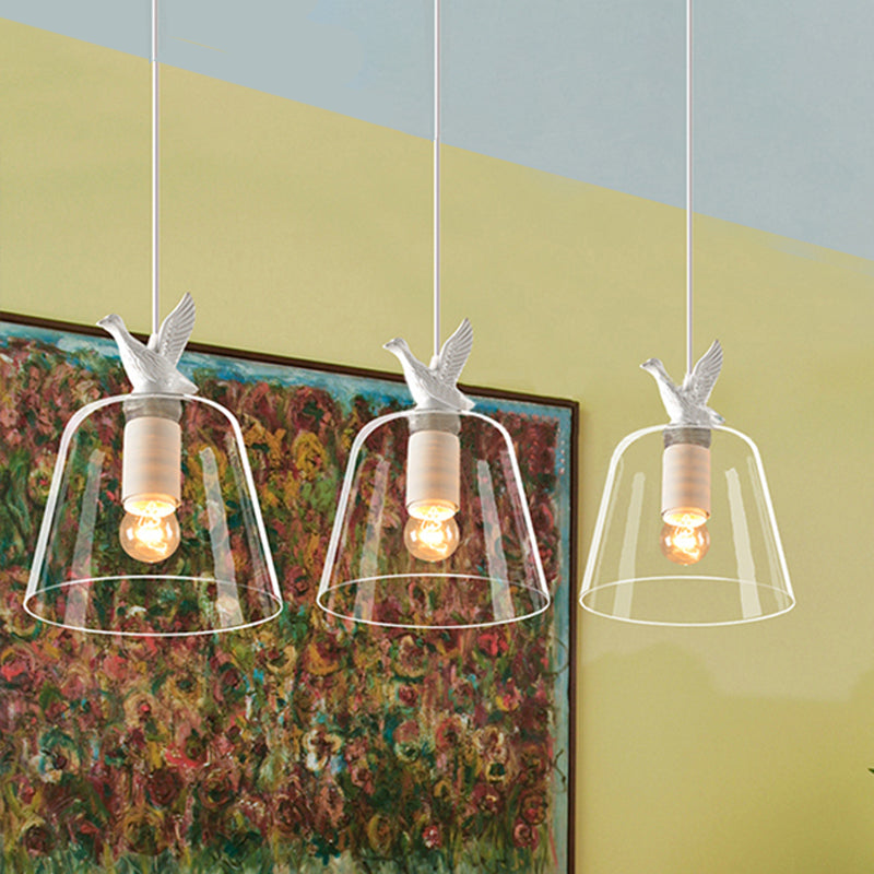 Tapered Clear Glass Multi-Light Pendant Modern 3-Bulb Dining Room Hanging Lamp in White, Round/Linear Canopy White Linear Canopy Clearhalo 'Ceiling Lights' 'Glass shade' 'Glass' 'Industrial Pendants' 'Industrial' 'Middle Century Pendants' 'Pendant Lights' 'Pendants' 'Tiffany' Lighting' 253549