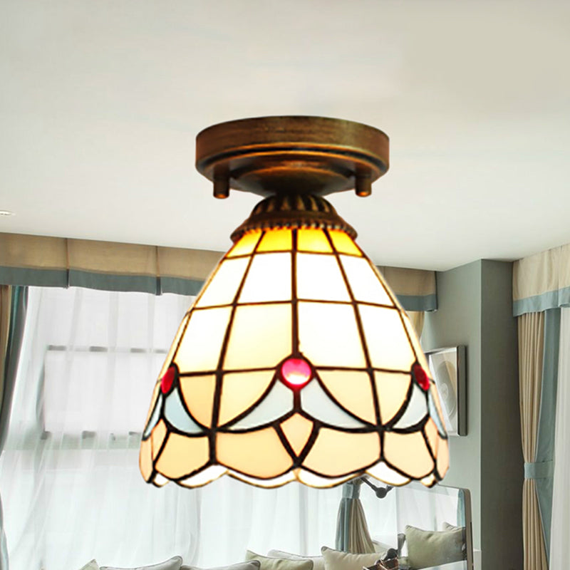 Mini Flush Ceiling Light with Magnolia Pattern 1 Light Stained Glass Flush Lighting for Bedroom Beige Clearhalo 'Ceiling Lights' 'Chandeliers' 'Close To Ceiling Lights' 'Close to ceiling' 'Glass shade' 'Glass' 'Semi-flushmount' 'Tiffany close to ceiling' 'Tiffany' Lighting' 253559
