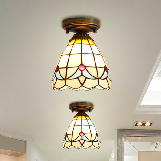 Mini Flush Ceiling Light with Magnolia Pattern 1 Light Stained Glass Flush Lighting for Bedroom Clearhalo 'Ceiling Lights' 'Chandeliers' 'Close To Ceiling Lights' 'Close to ceiling' 'Glass shade' 'Glass' 'Semi-flushmount' 'Tiffany close to ceiling' 'Tiffany' Lighting' 253560