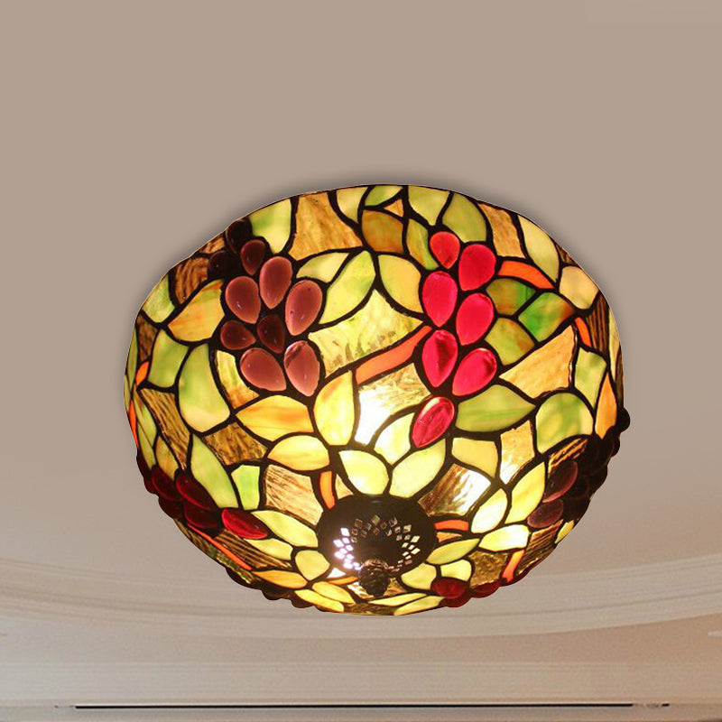 Stained Glass Grapes Ceiling Light Lodge 2 Lights Flushmount Light with Bowl Shade for Bedroom Lighting Green Clearhalo 'Ceiling Lights' 'Chandeliers' 'Close To Ceiling Lights' 'Close to ceiling' 'Glass shade' 'Glass' 'Semi-flushmount' 'Tiffany close to ceiling' 'Tiffany' Lighting' 253563
