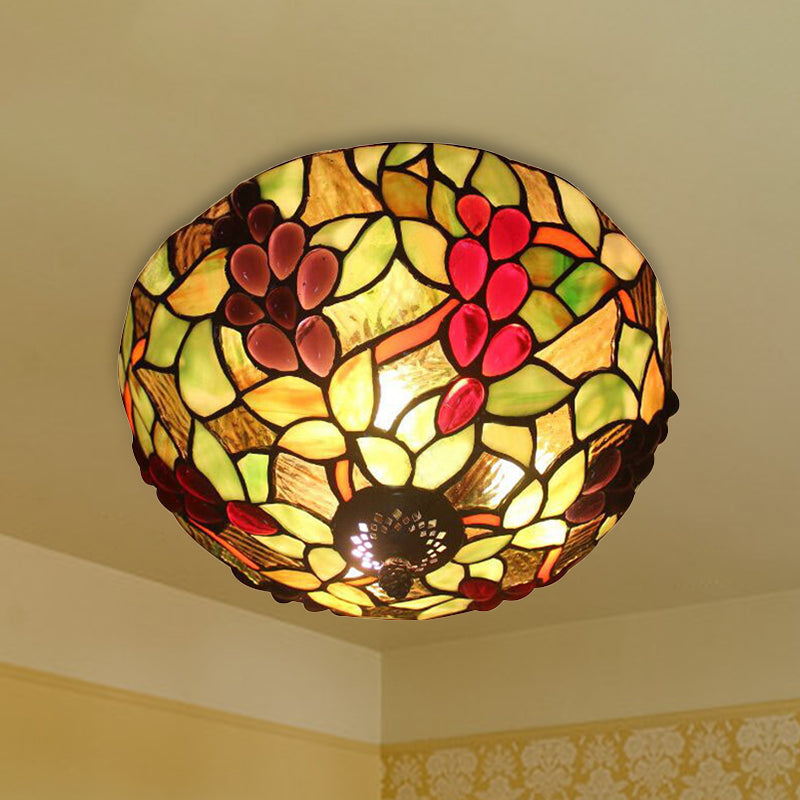 Stained Glass Grapes Ceiling Light Lodge 2 Lights Flushmount Light with Bowl Shade for Bedroom Lighting Clearhalo 'Ceiling Lights' 'Chandeliers' 'Close To Ceiling Lights' 'Close to ceiling' 'Glass shade' 'Glass' 'Semi-flushmount' 'Tiffany close to ceiling' 'Tiffany' Lighting' 253564