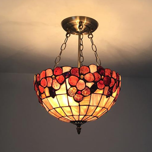 Bowl Ceiling Fixture Retro Style Stained Glass 3 Heads Flower Semi Flush Ceiling Fixture for Bedroom Lighting Clearhalo 'Ceiling Lights' 'Close To Ceiling Lights' 'Close to ceiling' 'Semi-flushmount' 'Tiffany close to ceiling' 'Tiffany' Lighting' 253567