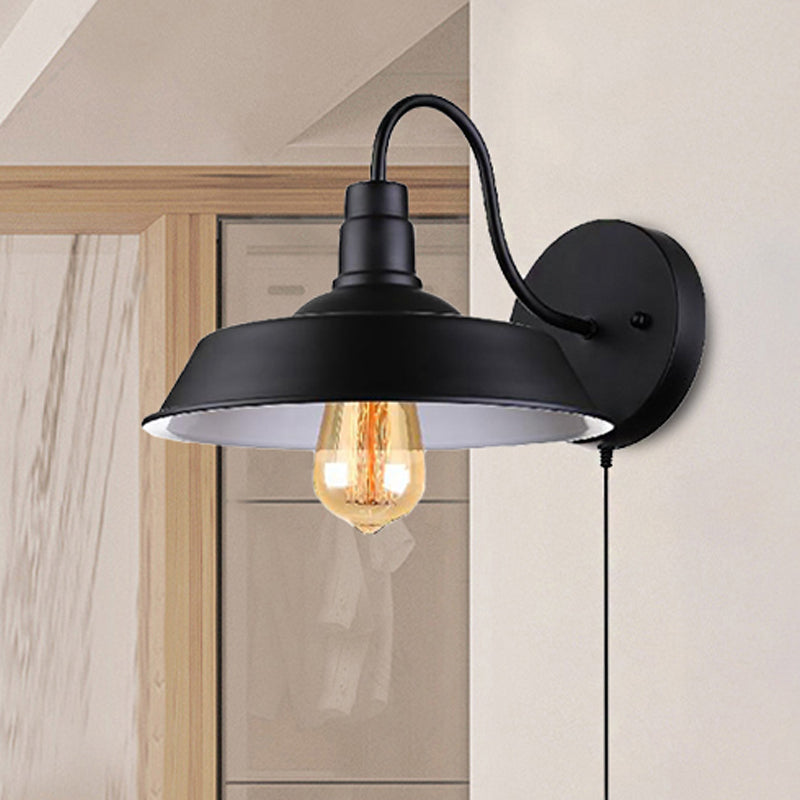 Barn Kitchen Wall Light Fixture Industrial Metal 1 Light Black Sconce Light with Gooseneck Arm and Plug In Cord Clearhalo 'Art deco wall lights' 'Cast Iron' 'Glass' 'Industrial wall lights' 'Industrial' 'Middle century wall lights' 'Modern' 'Rustic wall lights' 'Tiffany' 'Traditional wall lights' 'Wall Lamps & Sconces' 'Wall Lights' Lighting' 253570
