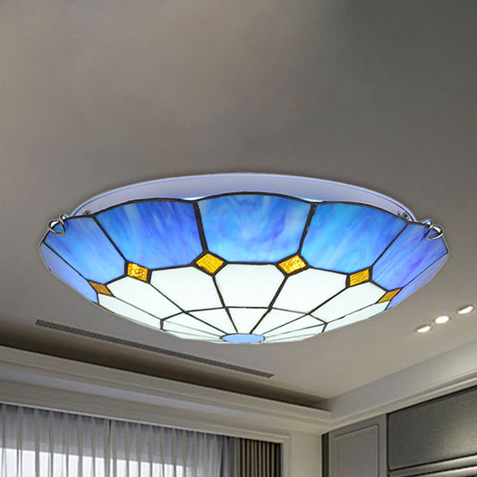12"/16"/19.5" W Tiffany Blue/Light Blue Flush Ceiling Light with Bowl Shade Stained Glass Flushmount for Living Room Clearhalo 'Ceiling Lights' 'Close To Ceiling Lights' 'Close to ceiling' 'Flush mount' Lighting' 253589