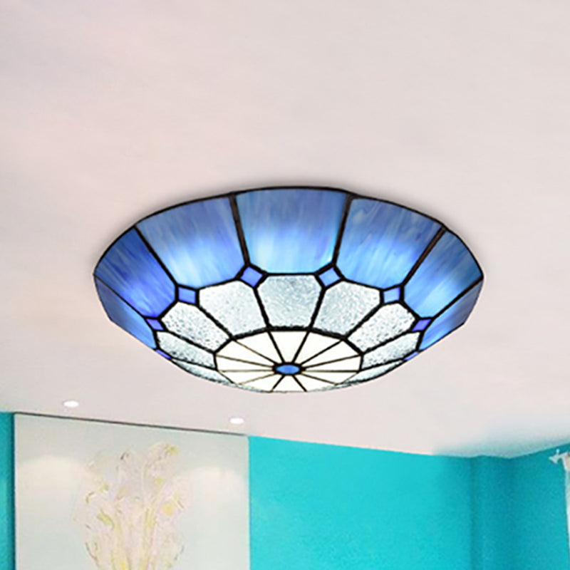 12"/16"/19.5" W Tiffany Blue/Light Blue Flush Ceiling Light with Bowl Shade Stained Glass Flushmount for Living Room Clearhalo 'Ceiling Lights' 'Close To Ceiling Lights' 'Close to ceiling' 'Flush mount' Lighting' 253591