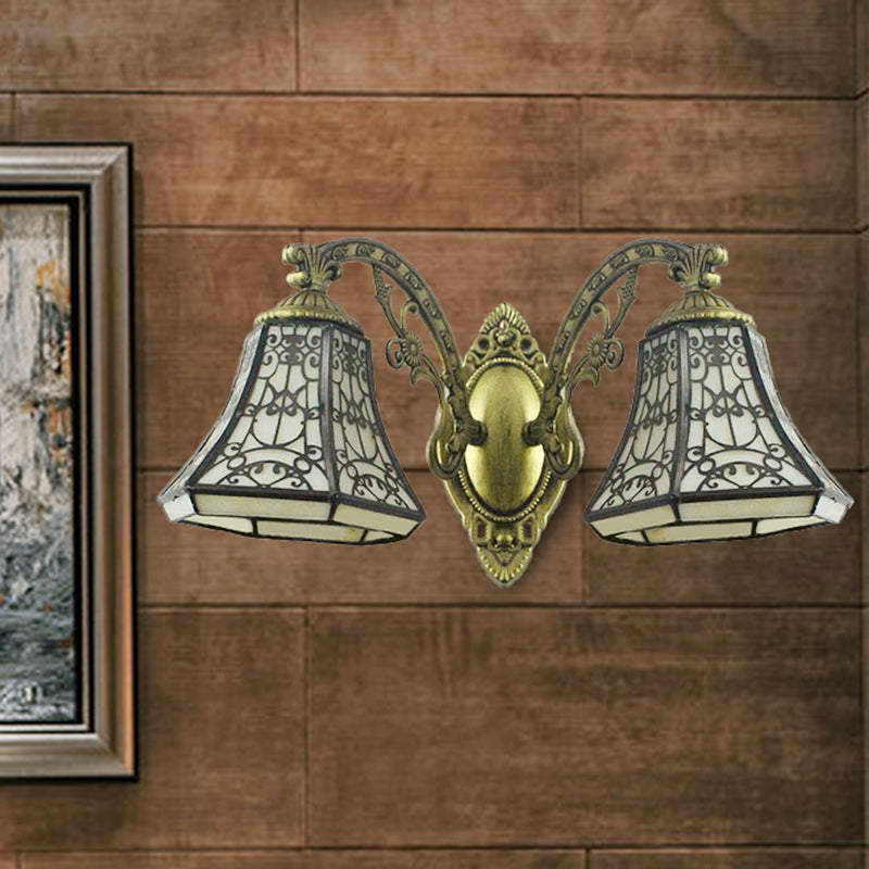 Beige Glass Bell Wall Lighting with Fence Design 2 Heads Rustic Lodge Sconce Light Beige Clearhalo 'Industrial' 'Middle century wall lights' 'Tiffany wall lights' 'Tiffany' 'Wall Lamps & Sconces' 'Wall Lights' Lighting' 253607