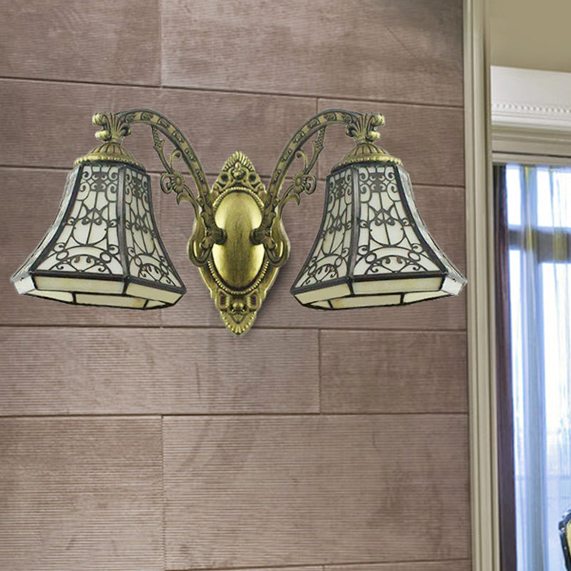 Beige Glass Bell Wall Lighting with Fence Design 2 Heads Rustic Lodge Sconce Light Clearhalo 'Industrial' 'Middle century wall lights' 'Tiffany wall lights' 'Tiffany' 'Wall Lamps & Sconces' 'Wall Lights' Lighting' 253608