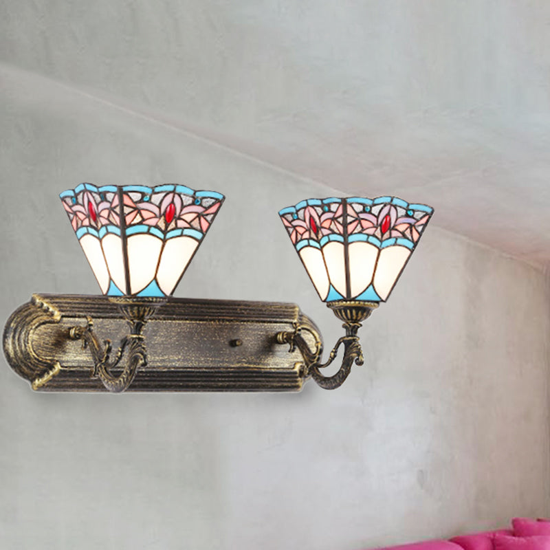 Tiffany Style Pyramid Wall Light Stained Glass 2 Heads Wall Sconce Light in Aged Brass for Bedroom Blue Clearhalo 'Industrial' 'Middle century wall lights' 'Tiffany wall lights' 'Tiffany' 'Wall Lamps & Sconces' 'Wall Lights' Lighting' 253622