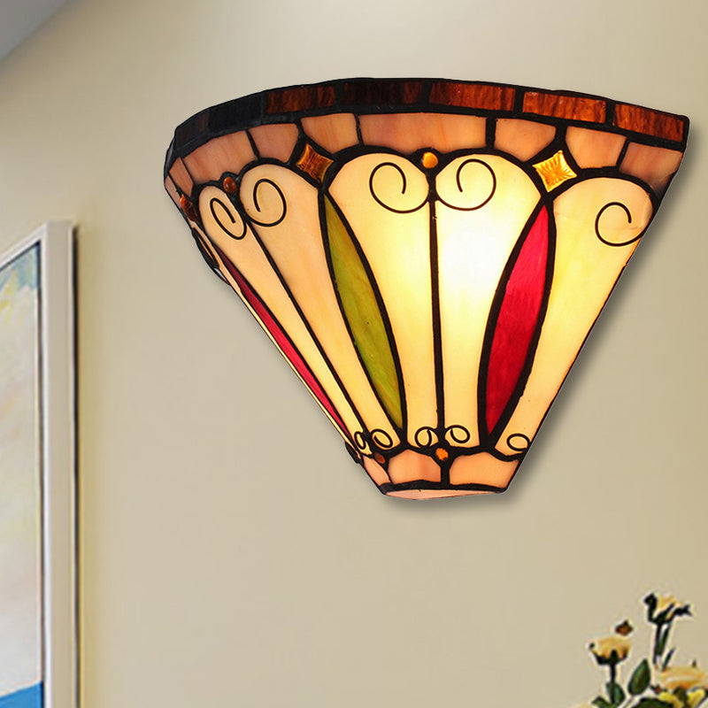 2 Lights Mini Wall Sconce with Bowl Shade Stained Glass Vintage Wall Light Fixture in Multi Color Beige Clearhalo 'Industrial' 'Middle century wall lights' 'Tiffany wall lights' 'Tiffany' 'Wall Lamps & Sconces' 'Wall Lights' Lighting' 253634