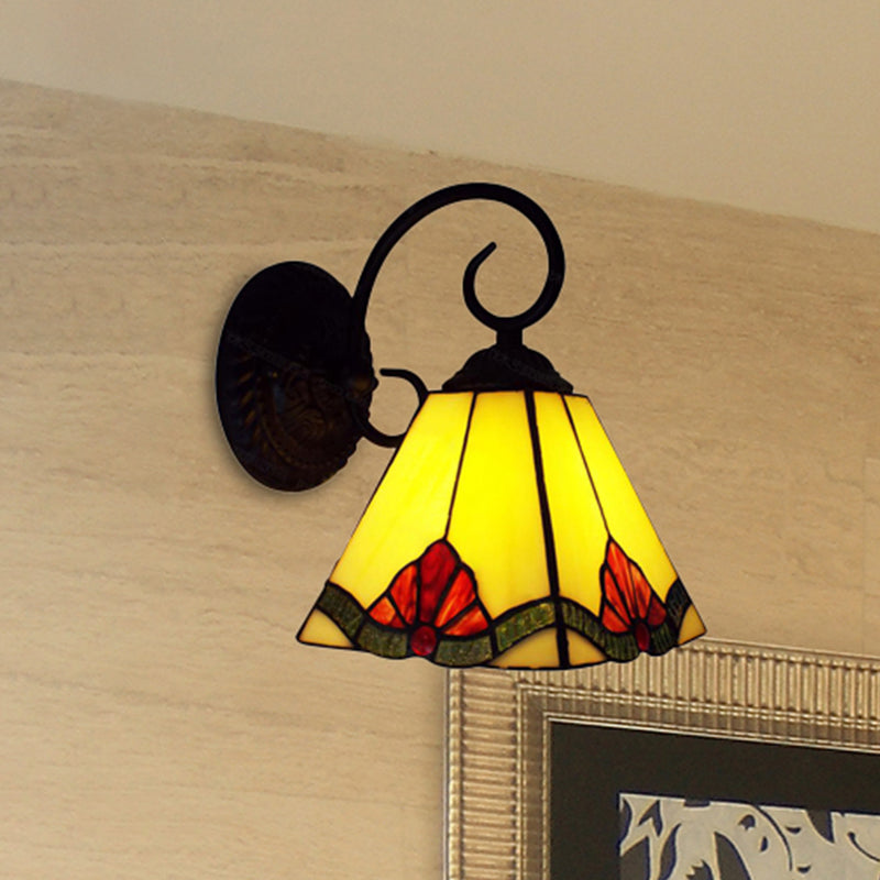 Floral Tiffany Wall Sconce Light with Tapered Shade 1 Light Mini Indoor Lighting for Living Room Yellow Clearhalo 'Industrial' 'Middle century wall lights' 'Tiffany wall lights' 'Tiffany' 'Wall Lamps & Sconces' 'Wall Lights' Lighting' 253638
