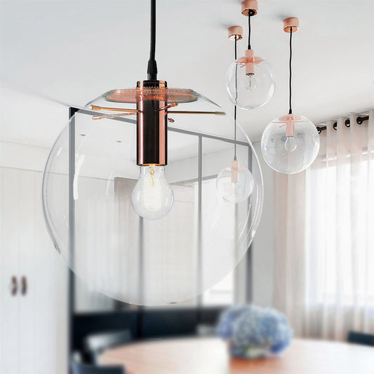 Round Pendant Light Modern 1-Light 6"/8"/12" Wide Clear Glass Hanging Lamp in Rose Gold Clear Clearhalo 'Ceiling Lights' 'Close To Ceiling Lights' 'Glass shade' 'Glass' 'Industrial Pendants' 'Industrial' 'Middle Century Pendants' 'Pendant Lights' 'Pendants' 'Tiffany' Lighting' 253644