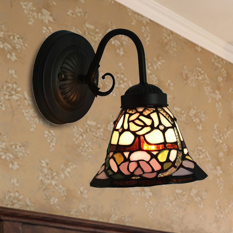 1 Head Flared Sconce Light Victorian Black Multicolor Stained Glass Wall Mounted Lamp with Rose Pattern Black Clearhalo 'Industrial' 'Middle century wall lights' 'Tiffany wall lights' 'Tiffany' 'Wall Lamps & Sconces' 'Wall Lights' Lighting' 253648