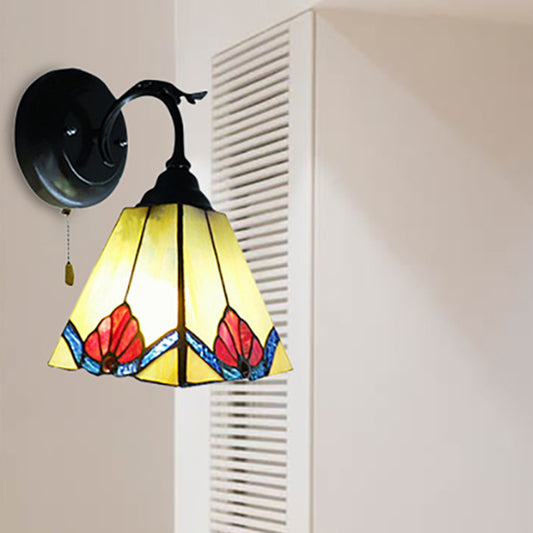 Flower Mini Wall Light with Pyramid Shade Stained Glass 1 Light Lodge Wall Sconce in Black Clearhalo 'Industrial' 'Middle century wall lights' 'Tiffany wall lights' 'Tiffany' 'Wall Lamps & Sconces' 'Wall Lights' Lighting' 253657